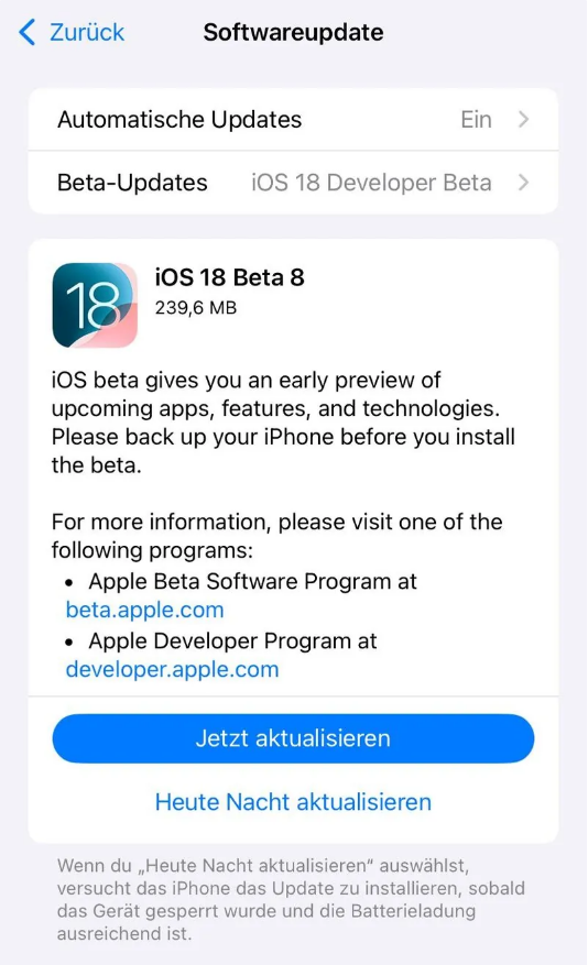 浑南苹果手机维修分享苹果 iOS / iPadOS 18 开发者预览版 Beta 8 发布 